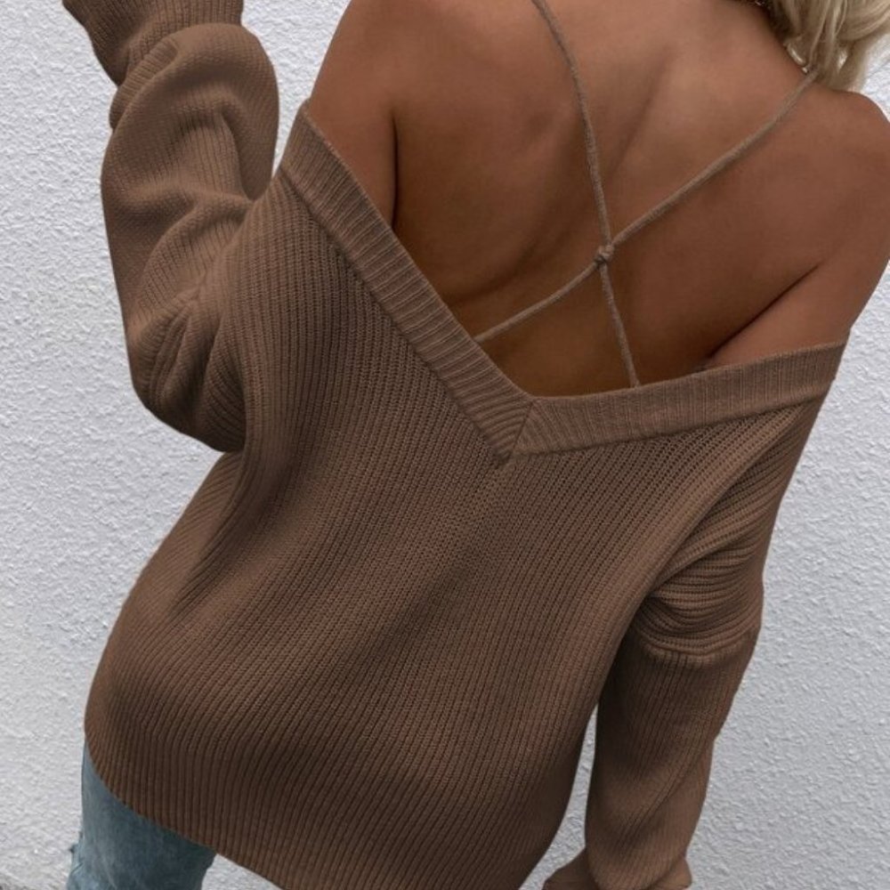 brown Cold Shoulder Criss Cross Sweater